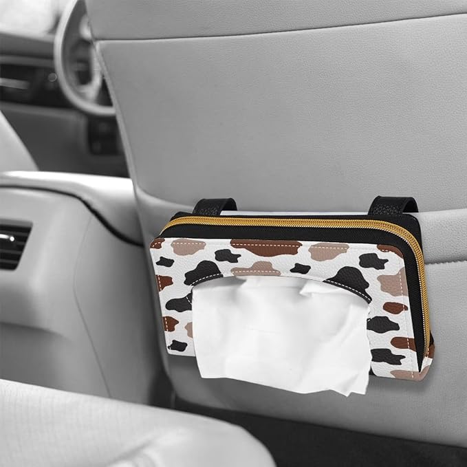 Biyejit Car Tissue Holder, Brown Black Cow PU Leather Tissue Holder, Durable Sun Visor Tissue Holder Napkin Holder, Car Backseat Tissue Case Dispenser, 1 Pack - Image 4
