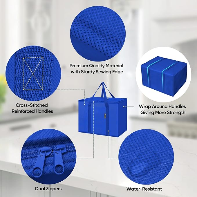BALEINE 2Pk Insulated Reusable Grocery Bags, Collapsible Cooler Bag for Groceries, Heavy Duty Large Insulated Bag (16''x9''x13'', Midnight Blue) - Image 3