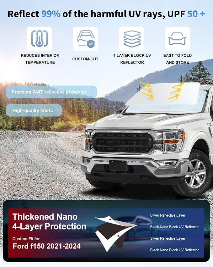 Custom Fit Windshield Sun Shade for Ford F150 2021-2026 | Blocks UV Rays and Sun Heat, Helps Reduce Interior Temperature, Protects Dashboard from Fading, Folds Easily for Storage - Image 2