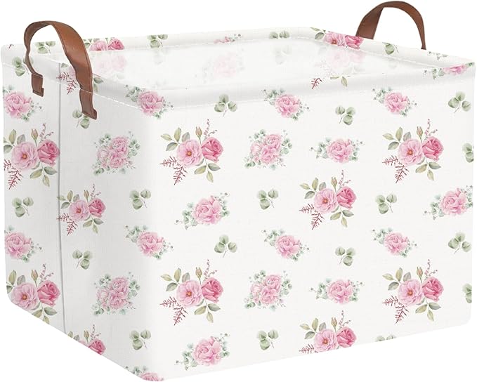 Rectangular Rose Pink Flower Basket for Girls,Waterproof collapsible laundry basket for girls,Kids Storage Baskets,Books Box,Gift Baskets,Baby Room Decor(Pink Flowers) by FXOCSHE