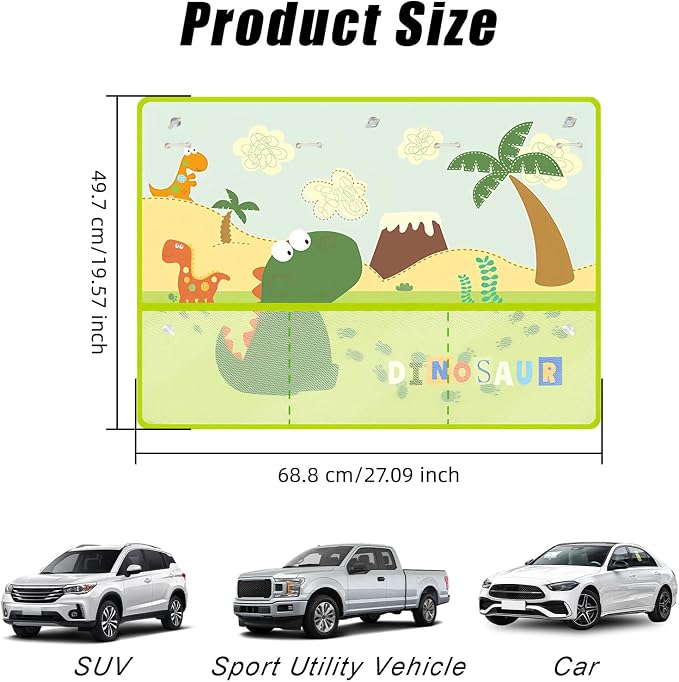 Car Window Shade for Baby, Car Sun Shade Curtain with Storage Pockets & Suction Cups, Cartoon Sun Blocker Blind for Side Windows, Blocks Heat, Privacy Cover for SUV Sedan (Green Dinosaur) - Image 2
