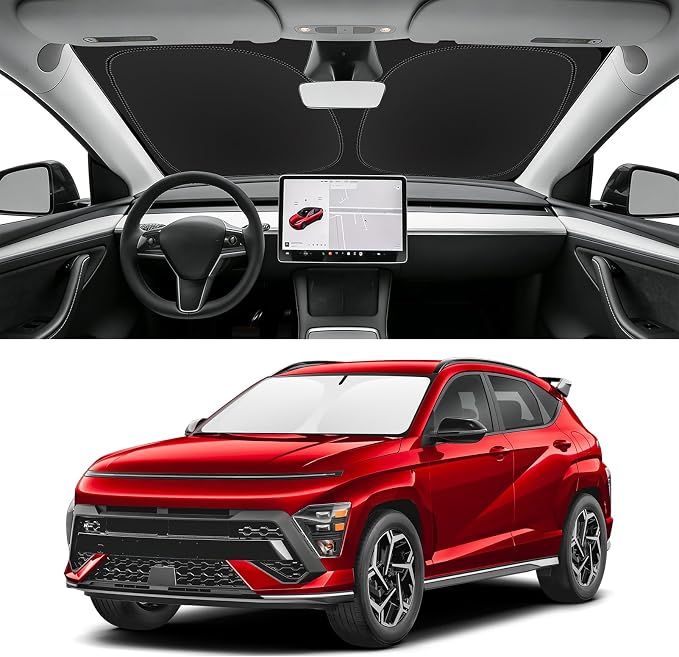 Custom Fit Windshield Sun Shade for Hyundai Kona 2018-2023 | Blocks UV Rays and Sun Heat, Helps Reduce Interior Temperature, Protects Dashboard from Fading, Folds Easily for Storage by SLOGENTO