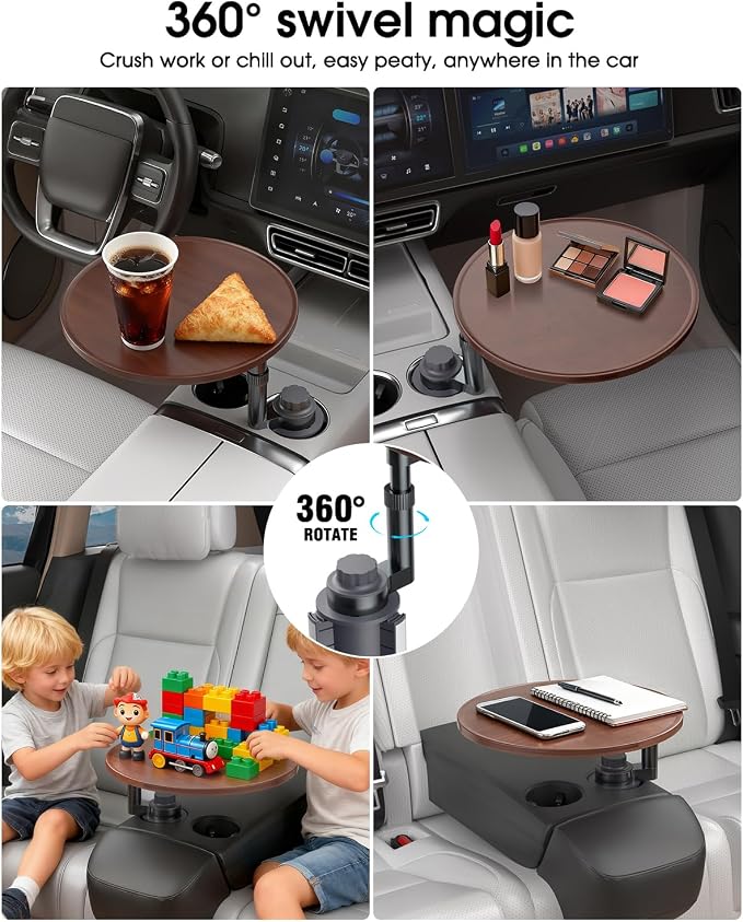 Car Tray Table & Car Laptop Desk with 360° Rotation & Phone Holder - Wooden Cup Holder Table, Car Laptop Mount & Food Tray Compatible with Tesla Model Y/3/S and Most Vehicles Walnut - Image 6