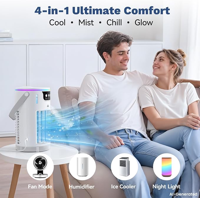 Portable Air Conditioners Desktop AC Unit with Water Ice Cooling Mist, Personal Evaporative Air Cooler Fan Mini Swamp Cooler for Bedroom, Nightstand, Office, Dorm, RV (White) - Image 2