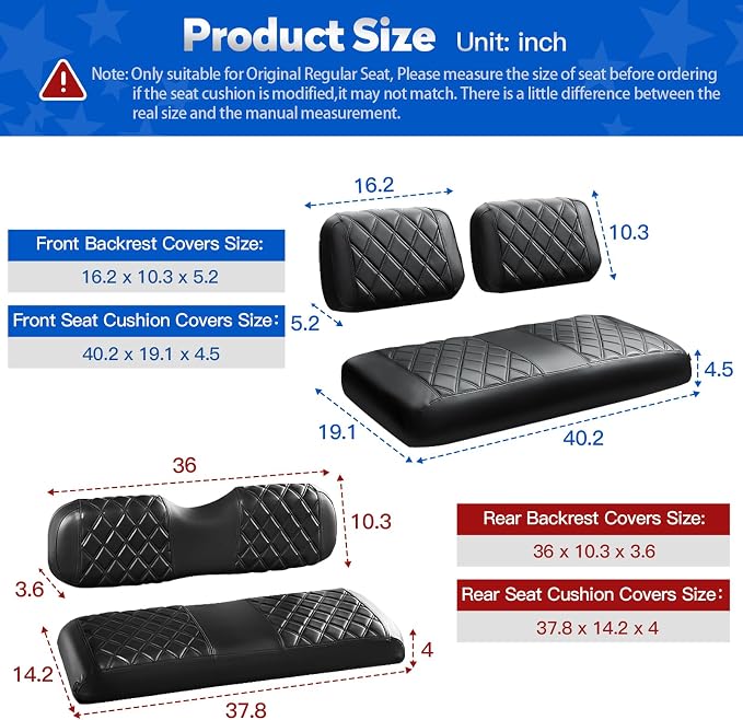 NOKINS Golf Cart Seat Covers 4 Piece Fits Club Car DS Pre-2000 | Front and Rear Seat Vinyl Covers, Golf Cart Accessories, No Staples(Black&Black Stitching) - Image 5