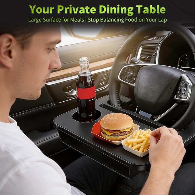 2-in-1 Steering Wheel Tray & Seat Gap Organizer | Portable Steering Wheel Desk with Cup Holder & Pad Slot, Car Food Desk for Laptop, Working, Eating, Multipurpose Accessories - Image 6
