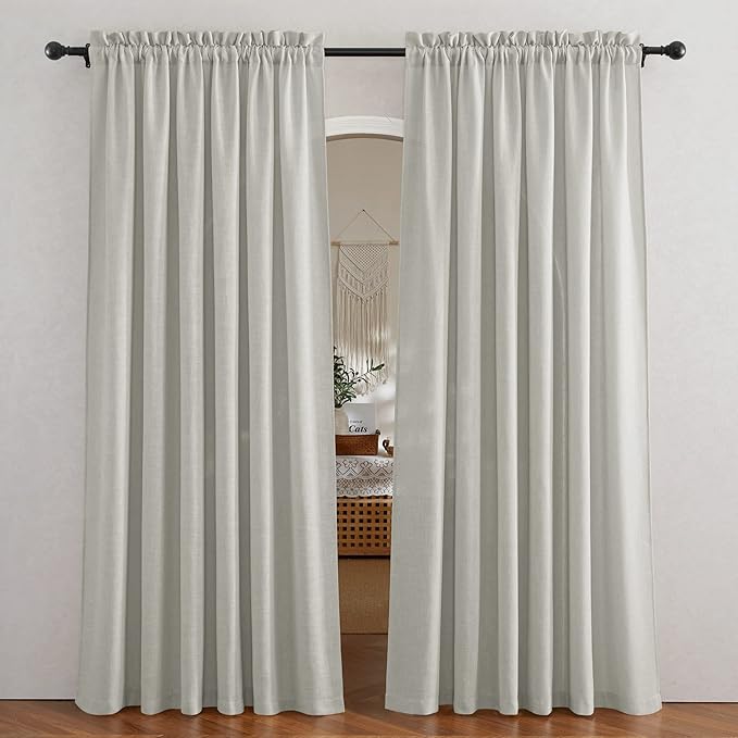 RYB HOME Linen Wonven Curtains Light Filtering Privacy UV Protection Window Blinds & Shades Draperies for Basement, Farmhouse, Villa, Boys Girls Bedroom, W 70 x L 95 inch, Grey, 2 Panels Set by RYBHOME