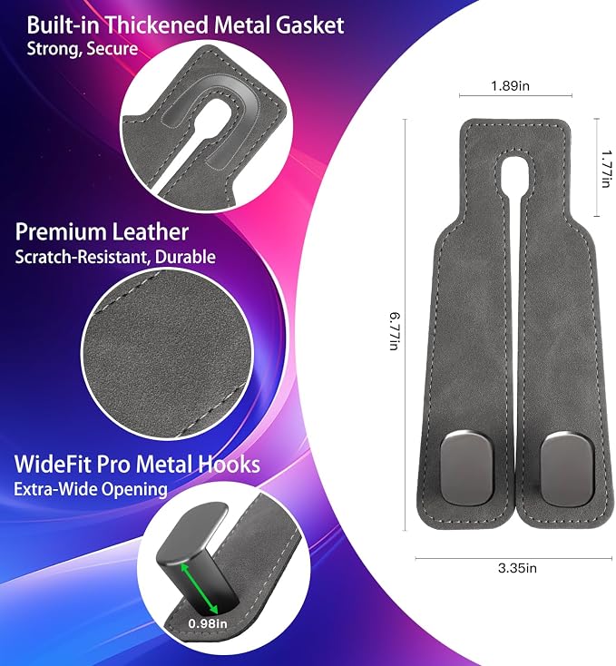 WideFit Car Headrest Hooks, 2 Pack for Wide-Strap Bags, Gray | 0.98 in opening fits thick purse straps. Premium leather and dual metal hooks hold up to 40 lb and rotate 360°. - Image 9