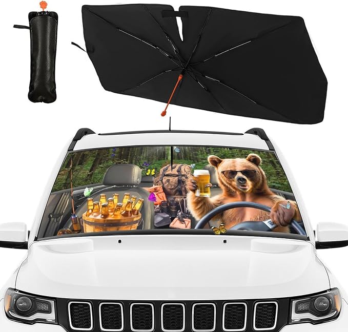 Bear Camping Car Windshield Sun Shade Umbrella Bendable Handle Foldable Funny Sunshade for Car Windshield Block UV Rays Keep Vehicle Cool for Most Sedans SUV Trucks Cars 57"x30" - Image 2
