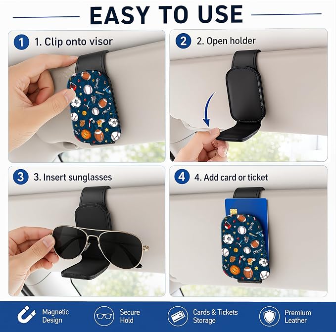 Leather Magnetic Sunglass Holder for Car Sun Visor, Cute Eyeglass Ticket Card Hanger Clip, Universal Auto Interior Accessories for SUV Pickup Truck, Sports Ball - Image 5