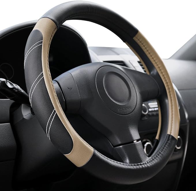 Elantrip Sport Leather Steering Wheel Cover 14 1/2 inch to 15 inch Universal, Padded Soft Grip Breathable for Car Truck SUV Jeep, Anti Slip Odorless Black and Beige by Elantrip