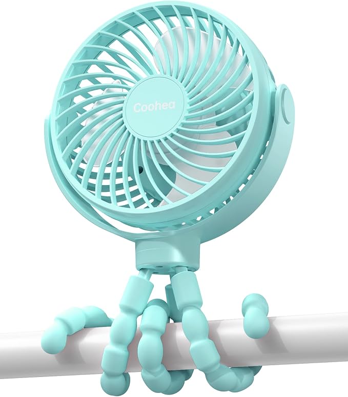 Coohea Clip on Stroller Fan, Rechargeable Long-Lasting Power Wind Fan, Blue | 4000mAh Battery Operated, 360° Rotatable Flexible Tripod, 3 Adjustable Speed, Portable Fan for Car Crib Backseat Beach Travel by Coohea