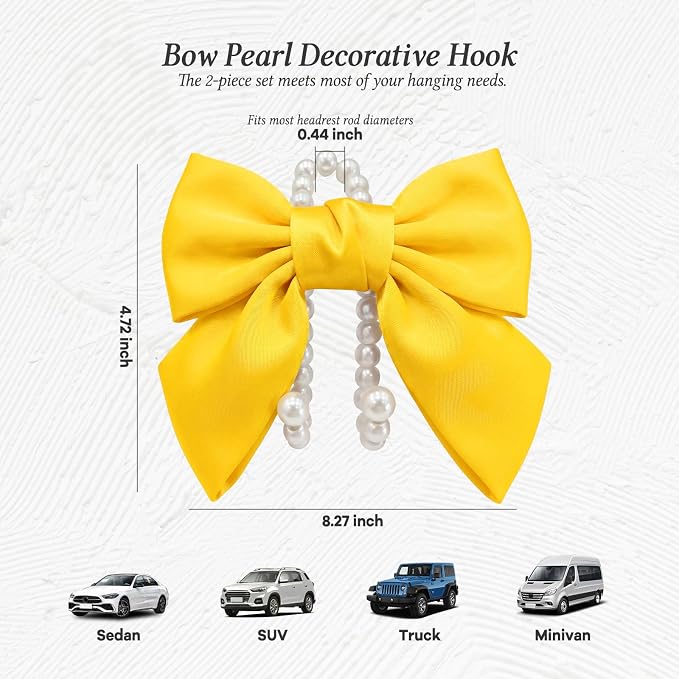 2PCS Satin Bow Pearl Car Seat Headrest Hooks – Car Bag Holder & Vehicle Hanger for Purses – Cute Coquette Aesthetic Interior Decoration – Cute Auto Organizer Accessories Universal (Sunshine Yellow) - Image 6