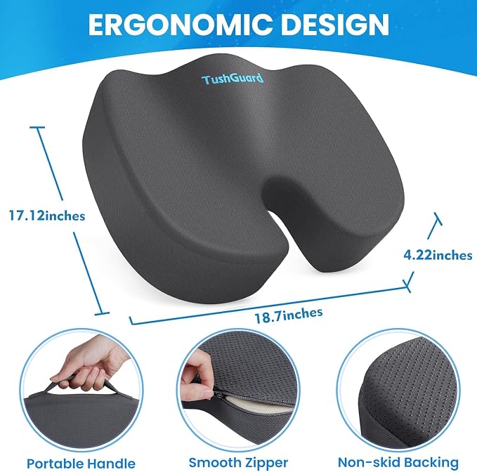 Memory Foam Seat Cushion for Office Chair, Car Seat, Gray, XXL | Office Chair Cushion for Car, Airplane - Chair Pad for Long Sitting Sciatica, Hip, Coccyx,Tailbone Pain Relief, Butt Pillow - Image 2