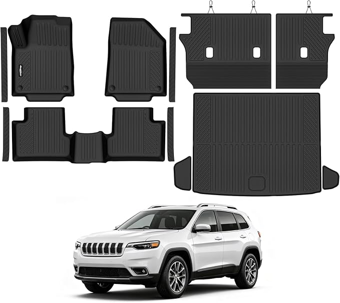 Floor Mats for 2019-2023 Jeep Cherokee (Not Fit Grand Cherokee) | Trunk Mat and Backrest Mats & Door Sill Guard All Weather TPE Protector Odorless Full Set Interior Accessories Floor Liners by Bingoliner