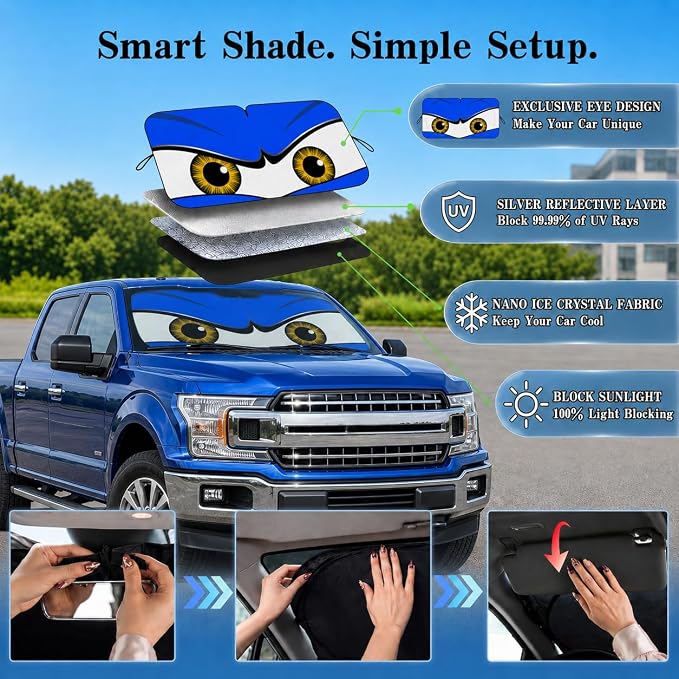 Car Windshield Sun Shade, Universal Fit Full-Size SUV Pickup, Monster Blue | 63 x 33.86" Large Foldable Windshield Cover, Foldable Front Window Sunshade, UV Heat Blocker, Cute Eyes Series - Image 4