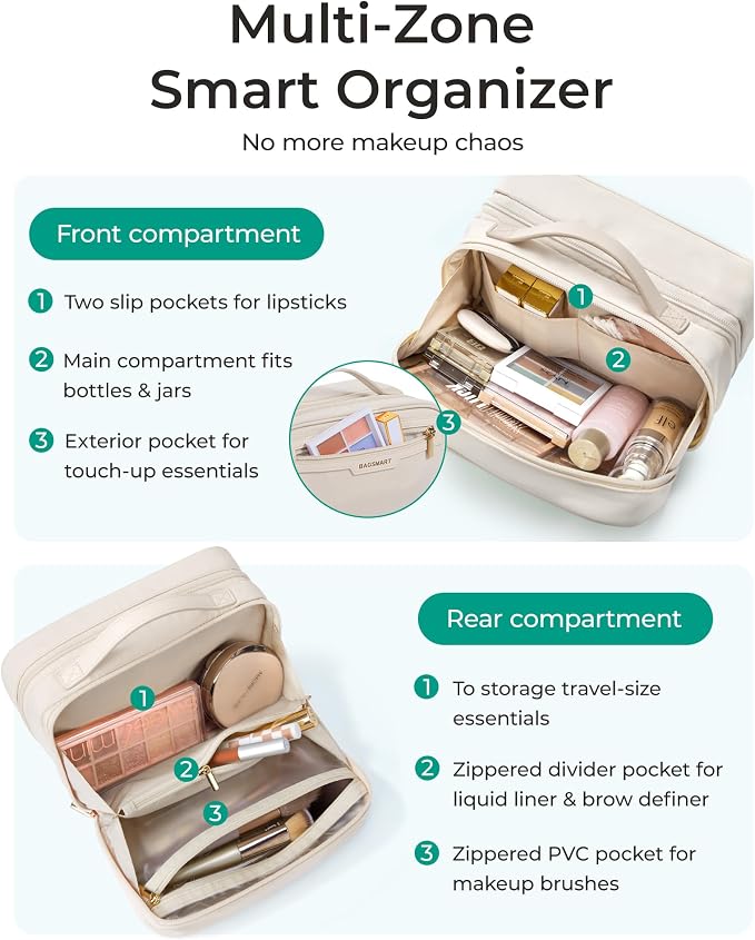 BAGSMART Travel Makeup Bag, Make Up Bag with Multiple Compartments for Organizer, Durable & Compact Cosmetic Organizer for Women for Travel Accessories (Beige) - Image 4
