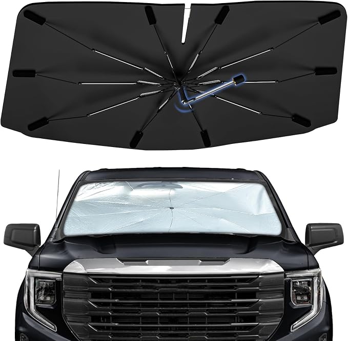 Windshield Sun Shade Umbrella for GMC Sierra 1500 2500 3500 2019-2026 | Foldable Car Sunshade, 360 Rotation Automotive Interior UV Protection for Outdoor Parking, Keep Car Cool by Bocvam