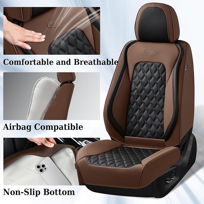 Coverado Universal Car Seat Covers Full Set, Premium Breathable Waterproof Faux Leather Front & Rear Seat Protectors, Luxury Automotive Interior for Sedans SUVs Trucks – CoffeeBlack - Image 4