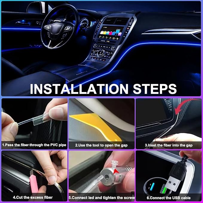 Car LED Interior Strip Lights, TEKSHINNY RGB Car Interior LED Light Wireless APP Button Remote Control, 5 in 1 Fiber Optic Ambient Lighting Kit with 236 Inches, EL Wire Lights for Car Inside - Image 7