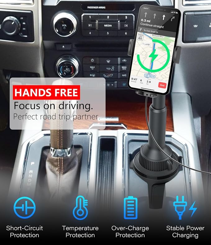 APPS2Car 15W Qi Wireless Car Charger Solid Cup Holder Mount, Adjustable Long Arm & 360° Rotation, Fits 3"–4" Round Cup Holders, Works with Cases ≤ 4 mm (No Metal Attachments) - Image 7