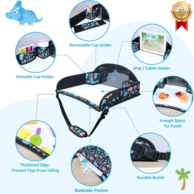 Kids Travel Tray for Carseat, Carseat Tray Dinosaur & Mermaid 2PCS | With 16.7" x 13.4" Smooth Dry Erase Board, Cup holders, Ddjustable Strap & Shoulder Carry Strap - Image 6