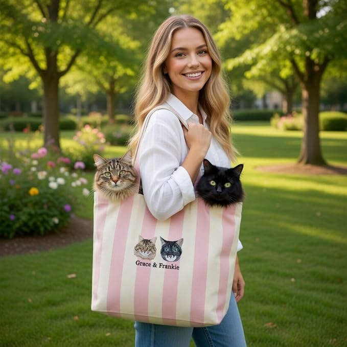 Custom Embroidered Pet Portrait Striped Tote Bag Personalized Dog Cat Mom Gift with Name Large Canvas Beach Shopping Tote for Women Reusable Summer Shoulder Bag - Image 3