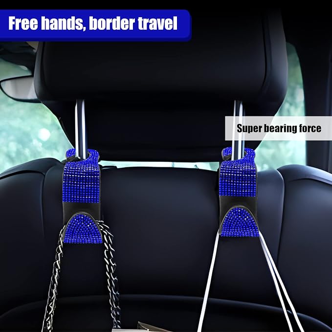 OSIFIT 2PCS Car Seat Hooks, Bling Car Rhinestone Headrest Hooks, Universal Bling Car Interior Accessories, for Handbag, Clothes, Purse, Water Bottle (Blue) - Image 5