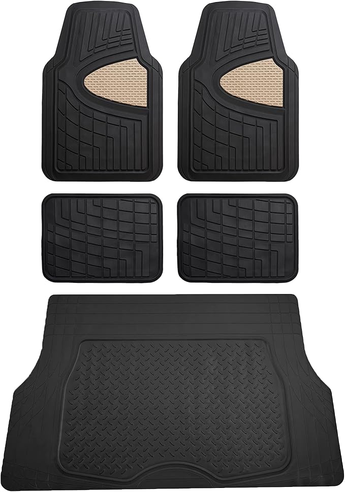 FH Group Premium Liners Tall Channel Trimmable All Weather Rubber Full Set Car Floor Mats (Beige) w. Trimmable All-Season Cargo Liner (Black) - Universal Fit for Cars Trucks and SUVs by FHGroup