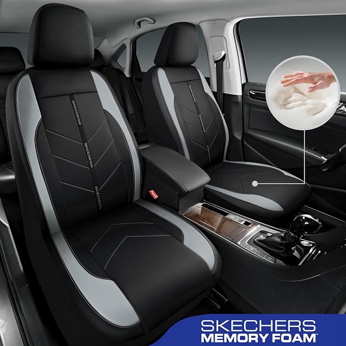 Skechers Car Seat Covers,Luxury Faux Leather Seat Covers,Waterproof Anti Slip Car Seat Protector Front Seats,Car Accessories Airbag Universal Fit for Most Cars,Vans,Trucks,SUV,Grey - Image 2