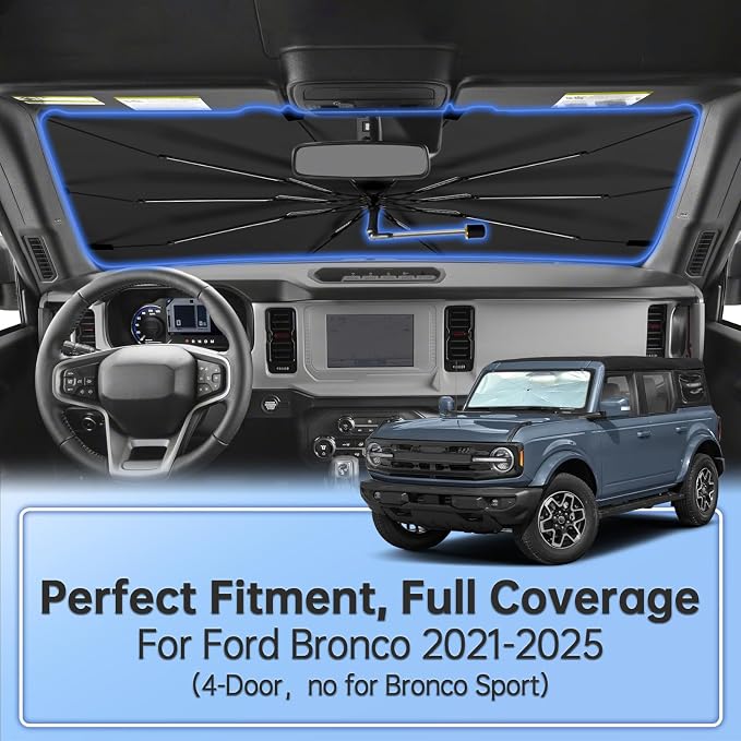 Windshield Sun Shade Umbrella for Ford Bronco(not for Bronco Sport) 21-25 | Foldable Car Sunshade for Bronco(4-Door), 360 Rotation Automotive Interior UV Protection for Outdoor Parking - Image 2