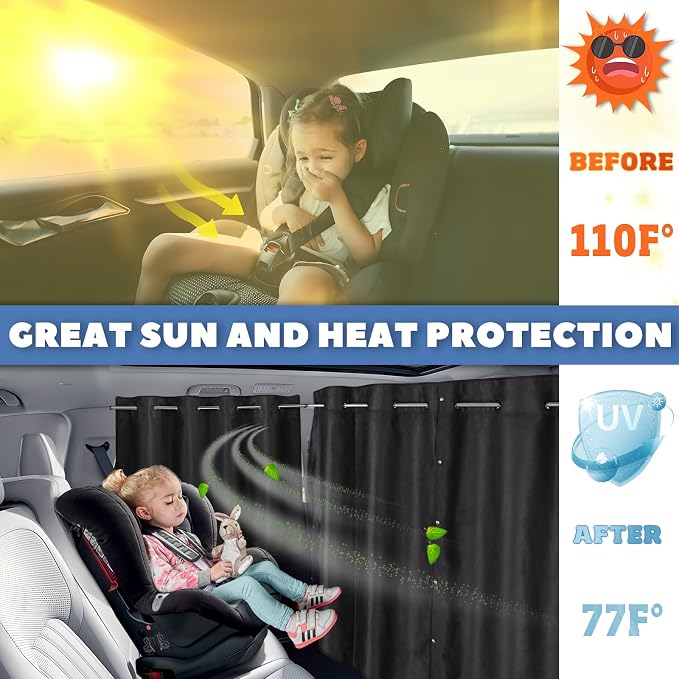 XCBYT 3-Pack Car Privacy Curtains, Rigid Rod Blackout Set | 1 divider & 2 window curtains block 99% light for camping/naps. Measure B-pillar width first; rigid rod not fit narrow car - Image 4