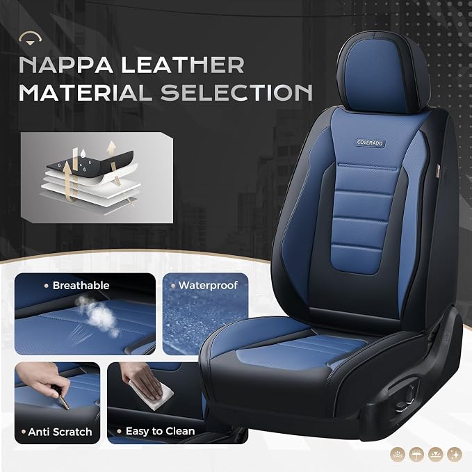 Coverado Car Seat Covers Front, Seat Covers for Cars, Waterproof 2-Pack Car Seat Cushions, Leather Carseat Seat Protectors, Universal Seat Covers Fit for Most Sedans SUV Pick-up Trucks(Black&Blue) - Image 2