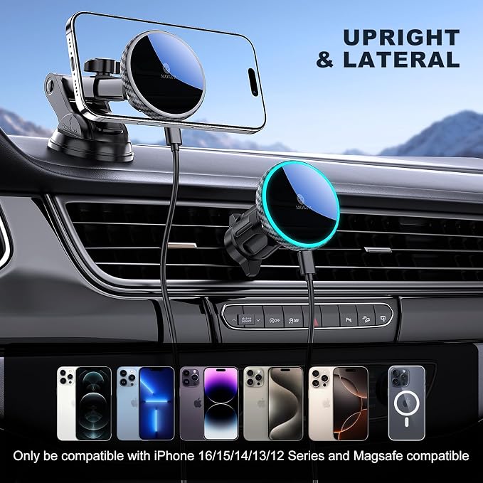 for Mag-Safe Car Mount Charger Dash Windshield Vent Magnetic Phone Holder | Wireless Car Charger with LED Light Car Phone Holder for iPhone 17 16 15 14 13 12 Series for MagSafe Carbon Firber - Image 2