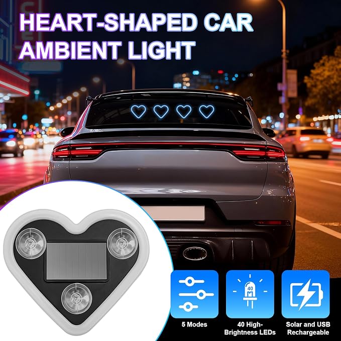 Heart-Shaped LED Neon Solar USB Rechargeable 2-Pack Blue Car | 40 High-Brightness Wireless Led Lights for Car, 5 Modes Suction Cups Easy Mount for Auto Interior Bedroom Decor Gift - Image 3