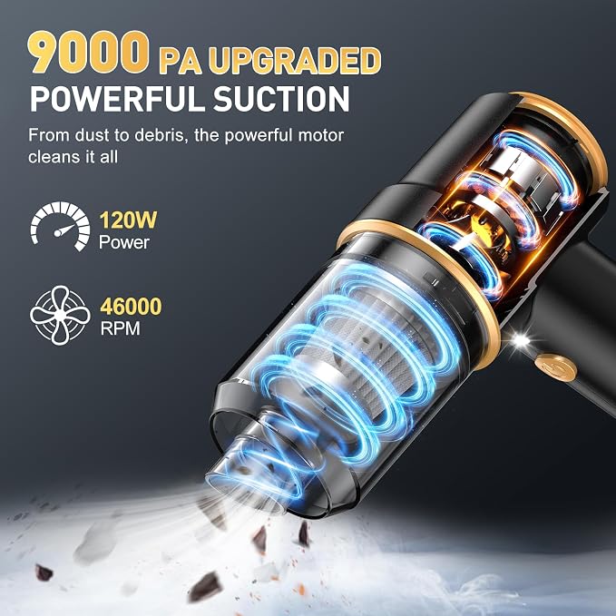 Handheld Car Vacuum Cleaner, 9000PA Hand Held Vacuum Cleaner & Air Duster | 120W High Power Portable Cordless, Rechargeable, Multi-Nozzles & LED Light, For Home, Car, Office - Image 2