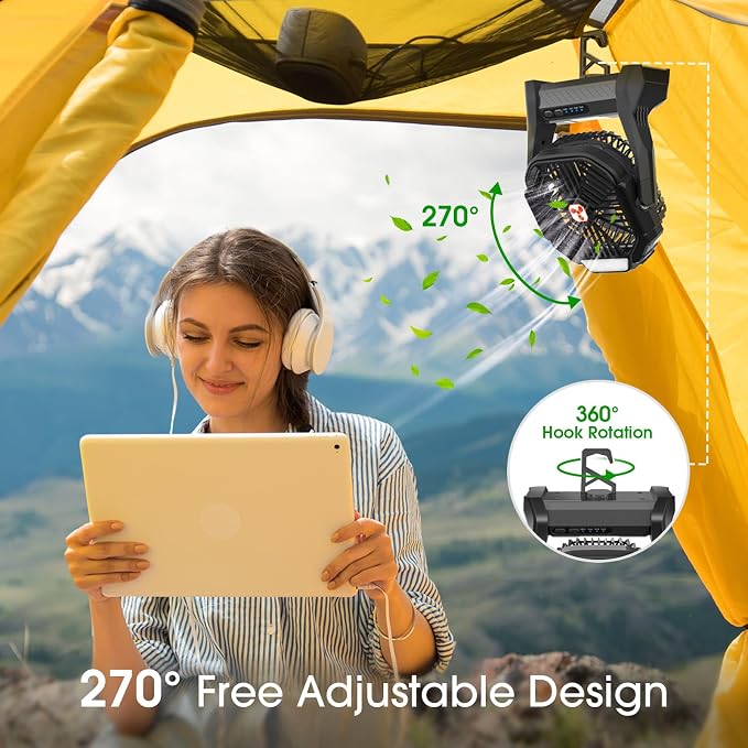 Portable Fan Rechargeable 20000mAh Cordless Battery Powered Camping Fan | with LED Lantern Battery Operated for Travel Bedroom Home Camping Tent Office Beach Desk Fishing Table Black - Image 6