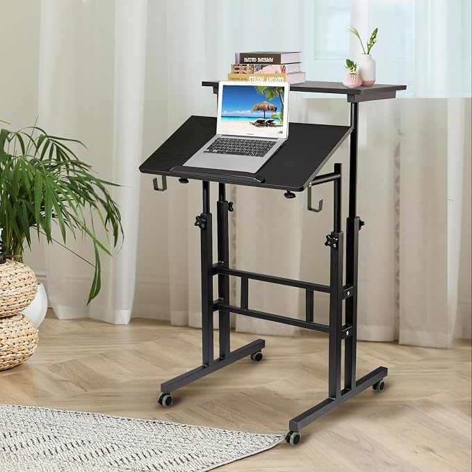 SIDUCAL Mobile Standing Desk, Portable Stand Up, Small Adjustable Converter with Wheels Home Office Workstation, Rolling Desk Laptop Cart for Standing or Sitting, Black - Image 2