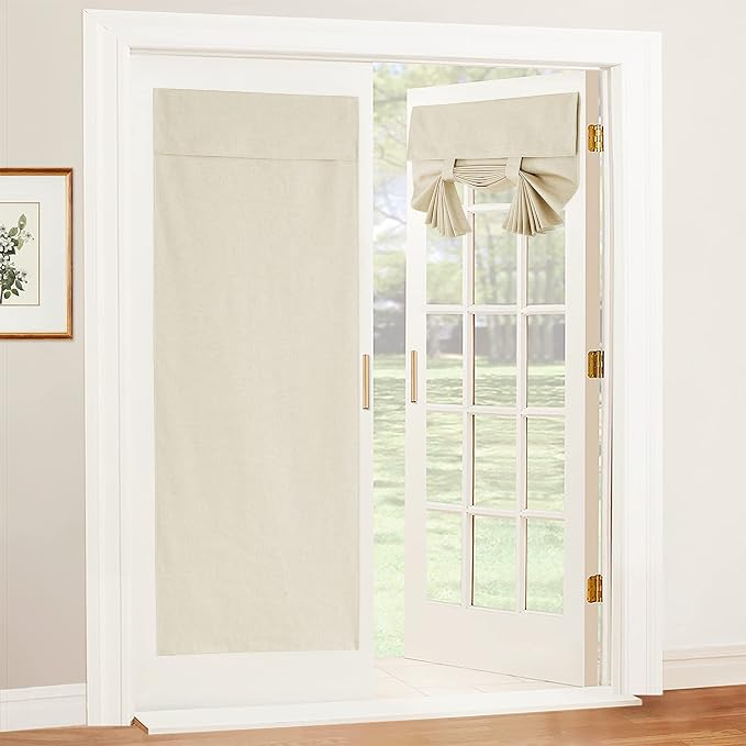 RYB HOME Natural Linen Textured French Door Window Curtains 100% Blackout | Self Adhesive, Thermal Insulated Privacy Energy Saving, Shades for Nursery Office Patio Glass Door, W26 x L80, 1 Panel by RYBHOME