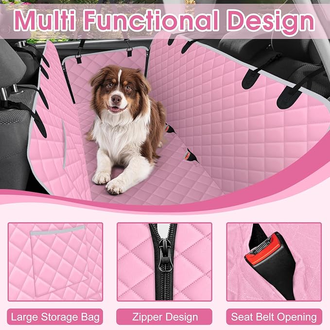 Waterproof Dog Car Seat Cover for Back Seat, Pet Hammock- L, Pink/Grey | Durable waterproof hammock with nonslip design & storage pockets. Protects seats from scratches, fits cars, SUVs & trucks. - Image 3