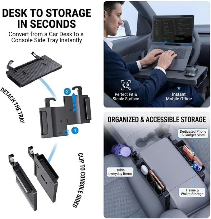 2 in 1 Steering Wheel Tray Table & Seat Gap Filler Organizer,Table for Eating in Car, Universal Fit for Most Cars, Car Tray for Working & Eating - Image 2