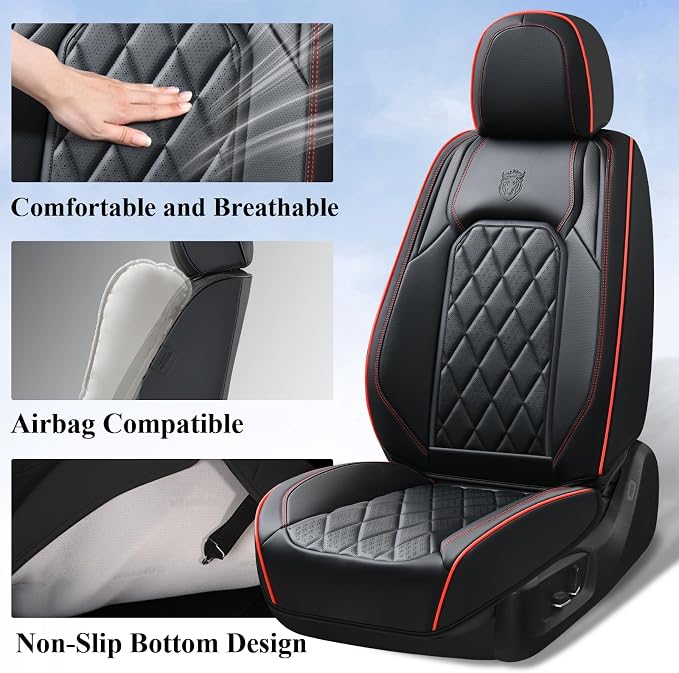 Coverado Car Seat Covers Full Set, Luxury Faux Leather Waterproof Seat Covers, Black Car Seat Covers, Universal Car Seat Protector Leather Car Seat Cushion, Carseat Cover Fit Most Cars, Black&Red - Image 5