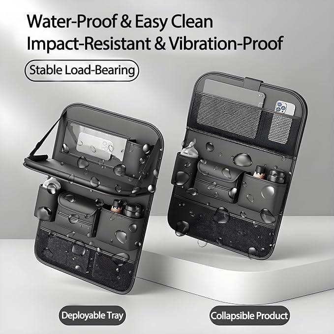 Universal Foldable Car Backseat Organizer with Table Tray, Car Seat Back Protector with Touch Screen Phone Holder, Premium Leather Kick Mats with Storage Pockets Tissue Holder (Black) - Image 3