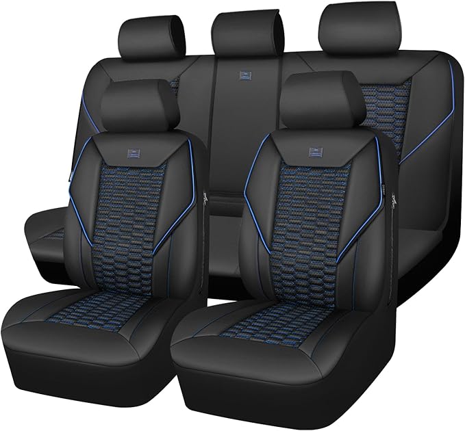 CAR PASS 3D Foam PU Leather Car Seat Covers Full Set,Luxury Breathable Faux Leather Seat Covers for Car,Anti Slip Universal Fit for SUVs Vans Sedan Truck Auto,Armrest Airbag Compatible,Black and Blue by CARPASS