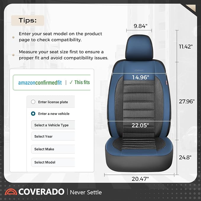 Coverado Car Seat Covers Full Set, Luxury Leather Car Seat Covers, Automotive Front and Rear Mesh Seat Covers, Full Set 5 Seats, Blue Black Seat Covers for SUV Sedan Truck - Image 8