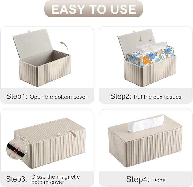 KINGFOM PU Leather Tissue Box Cover Rectangular Tissue Box Holder with Magnetic Bottom, Napkin & Facial Tissue Holder Dispenser for Home, Office for Standard 120-count/160-count (2-Ply) Beige Stripe - Image 9