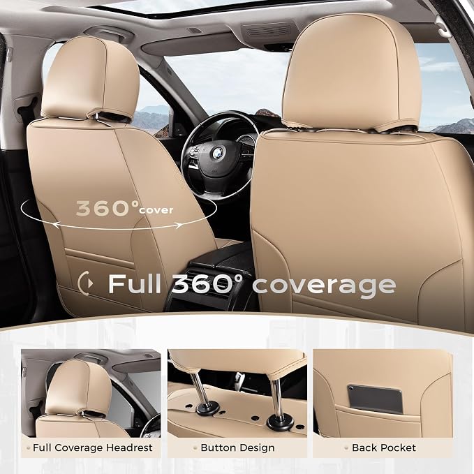 Coverado Car Seat Cover, Cover for Cars Full Seat, Premium Leather, Universal Fit Waterproof Seat Protectors, Car Seat Cushion Non-Slip for Most Cars-Beige - Image 4