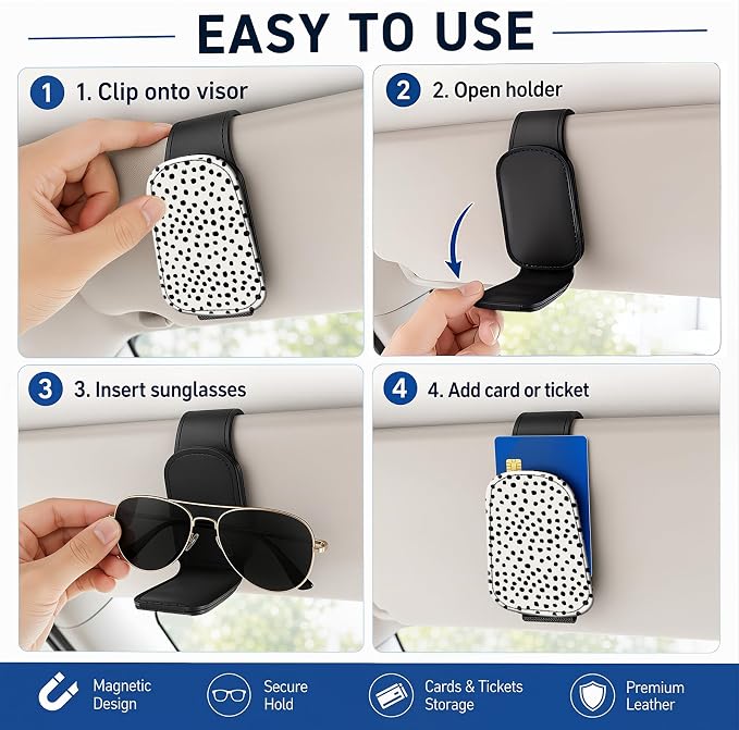 Leather Magnetic Sunglass Holder for Car Sun Visor, Cute Eyeglass Ticket Card Hanger Clip, Universal Auto Interior Accessories for SUV Pickup Truck, Black Polka - Image 5