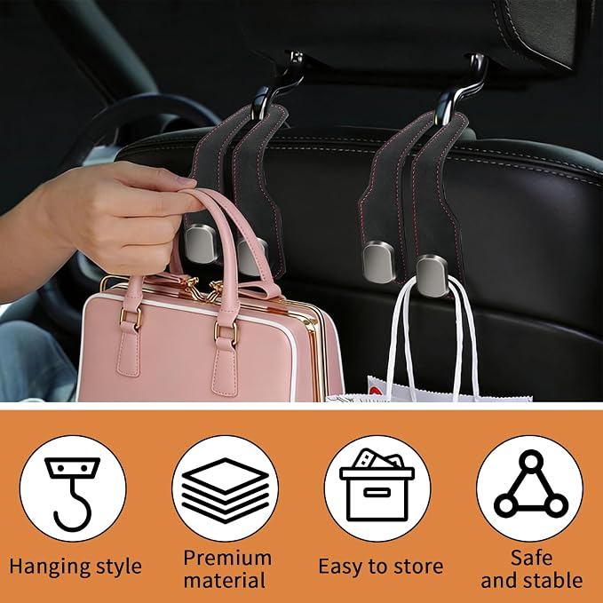 4 Pack Car Seat Headrest Hooks for Purses and Bags, Car Purse Holder With Double Metal Hooks, Headrest Back Seat Handbags Hook, Universal Car Purse Hanger, Cute Car Hanging Accessories, Black - Image 6