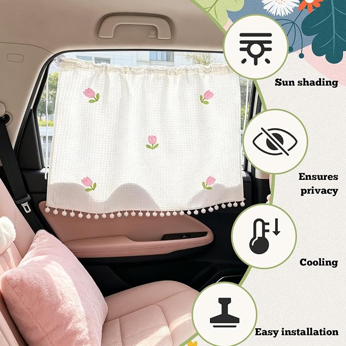 Car Side Window Sun Shade Privacy Curtain for Baby, 25.2"x18.1" Cute Blackout UV Protection Car Window Shades with Suction Cup for Back Seat, Auto Camping Windows Screen Shades (Five Tulips) - Image 5
